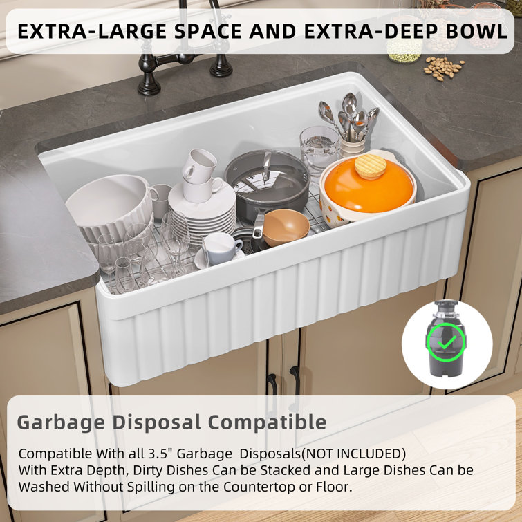 33" White Fireclay Farmhouse Apron-Front Kitchen Sink with Accessories