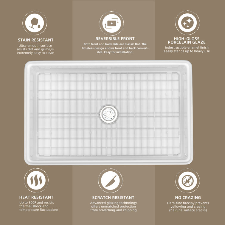 33" White Fireclay Farmhouse Apron-Front Kitchen Sink with Accessories