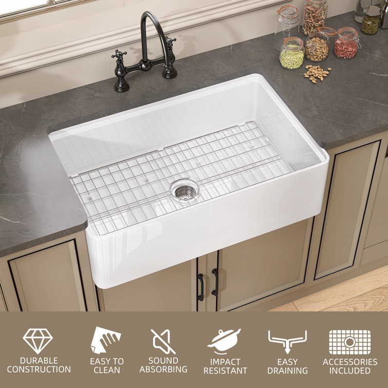 33" White Fireclay Farmhouse Apron-Front Kitchen Sink with Accessories