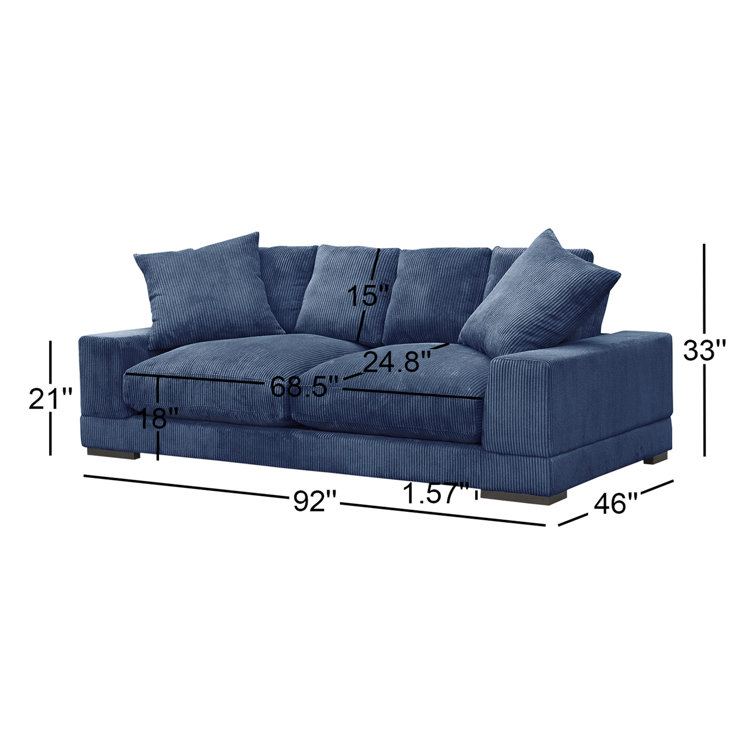 Blue Corduroy Polyester Sofa with Square Arms and Ottoman