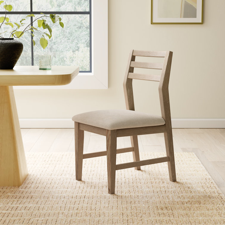 Transitional Beige Upholstered Ladderback Side Chair in Weathered Pine