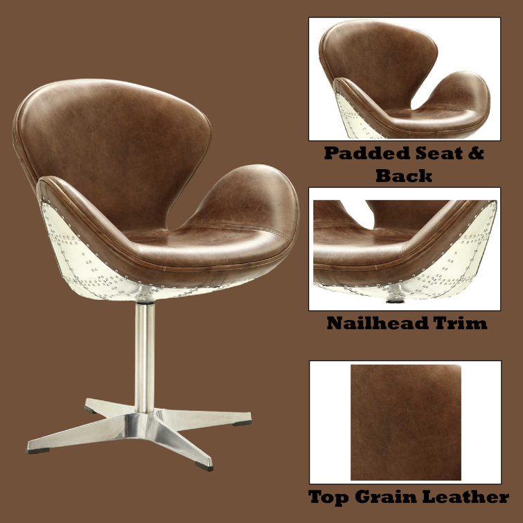 Retro Brown Leather and Metal Swivel Accent Chair