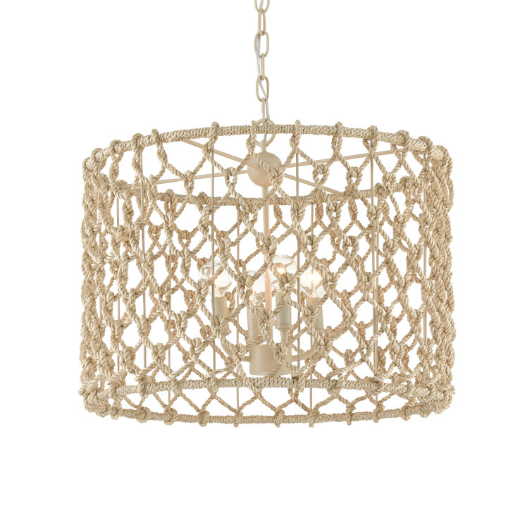 Beige and Smokewood Rope Drum Chandelier with 4 Lights