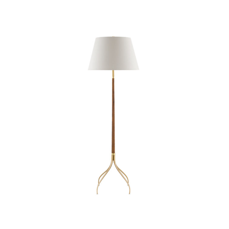 Natural Wood and Brushed Brass Floor Lamp with Off-White Linen Shade