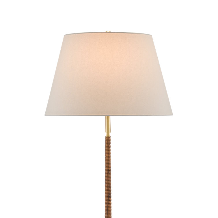 Natural Wood and Brushed Brass Floor Lamp with Off-White Linen Shade