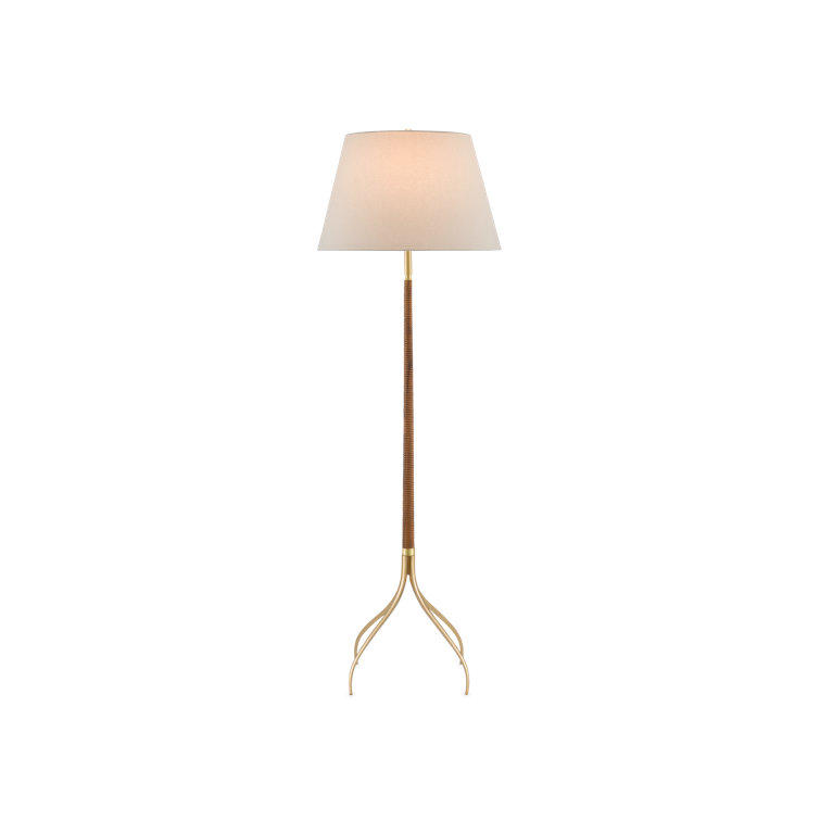 Natural Wood and Brushed Brass Floor Lamp with Off-White Linen Shade