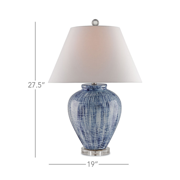 Hand-Glazed Blue Ceramic Table Lamp with White Linen Shade