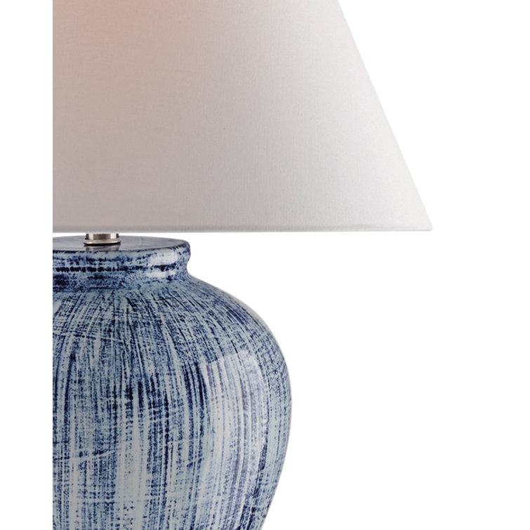 Hand-Glazed Blue Ceramic Table Lamp with White Linen Shade