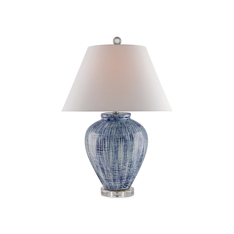 Hand-Glazed Blue Ceramic Table Lamp with White Linen Shade
