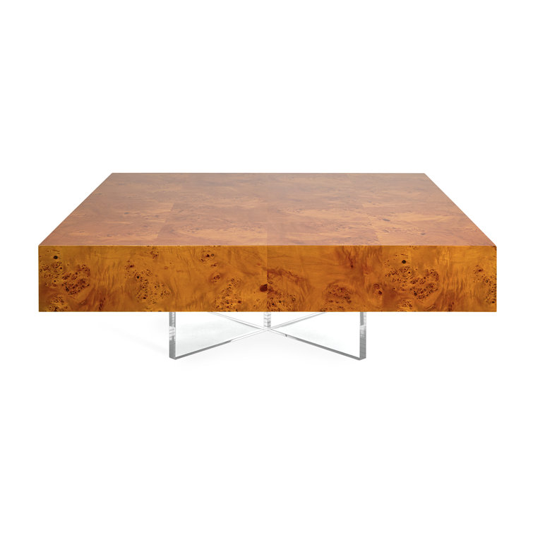 Large Square Burled Wood Coffee Table with Acrylic Base