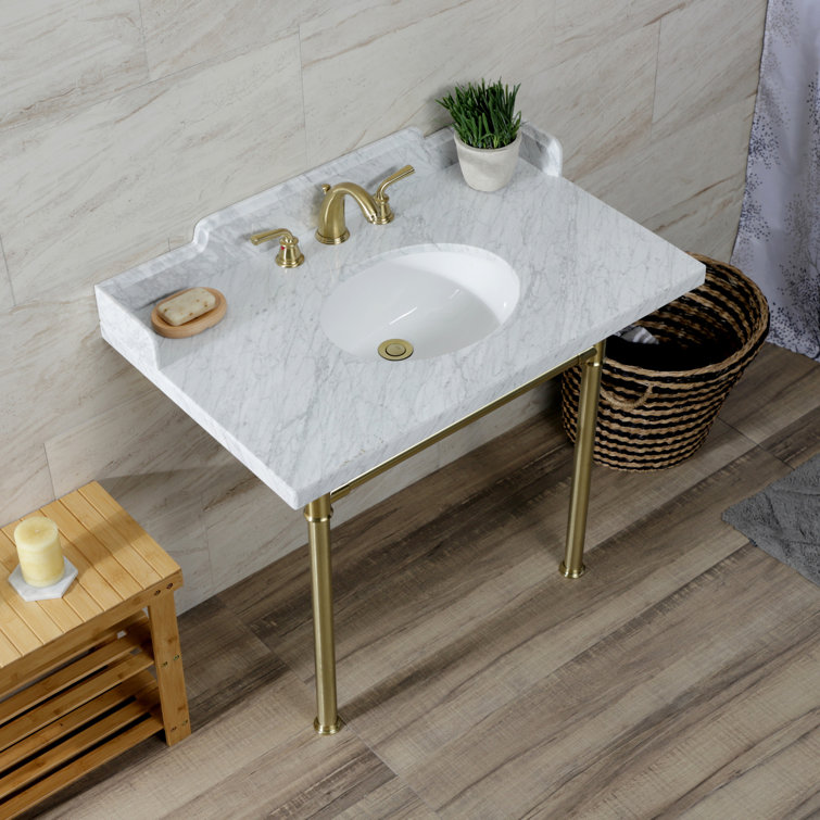 36-Inch Carrara Marble Console Sink with Brass Legs