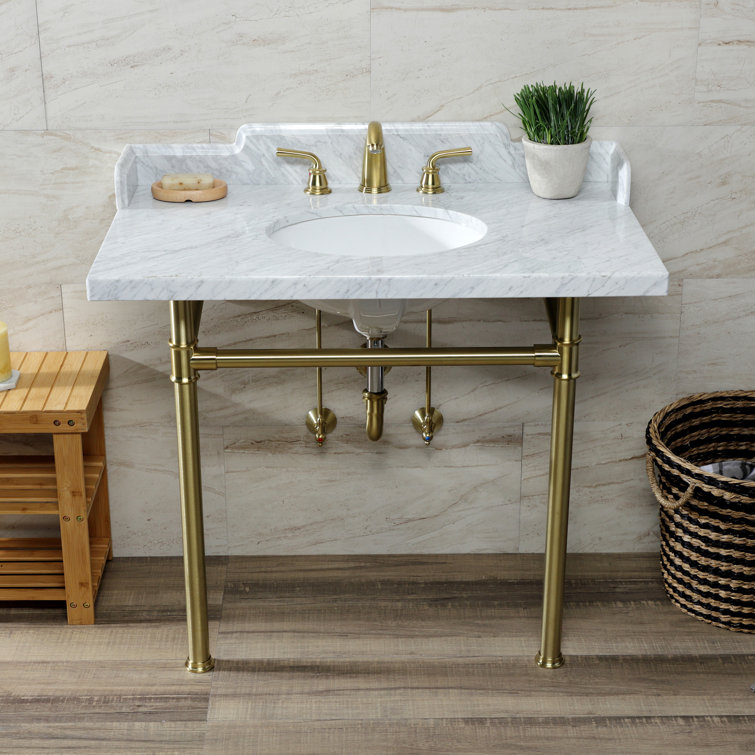 36-Inch Carrara Marble Console Sink with Brass Legs