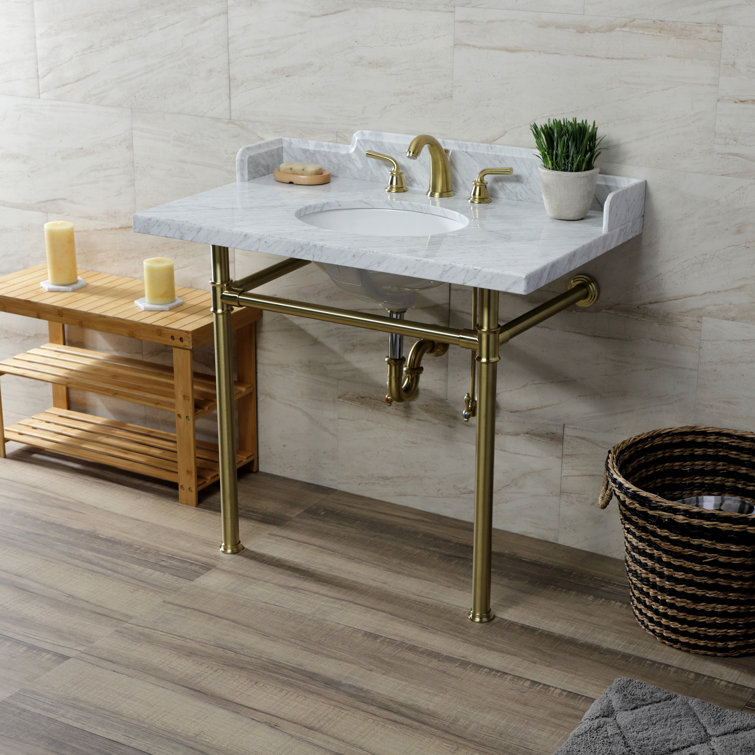 36-Inch Carrara Marble Console Sink with Brass Legs