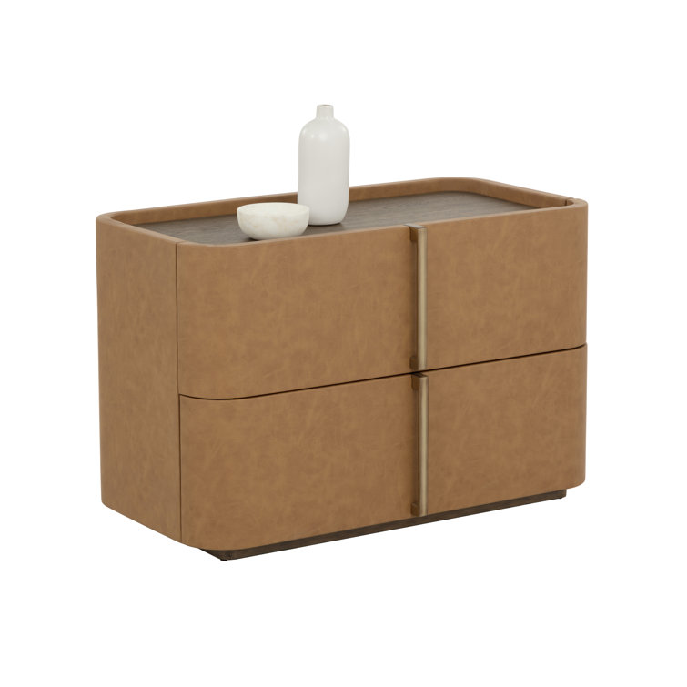 Cream Faux Leather 2-Drawer Nightstand with Oak Veneer Top