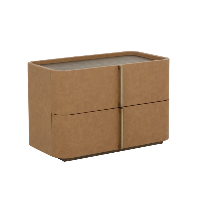 Cream Faux Leather 2-Drawer Nightstand with Oak Veneer Top