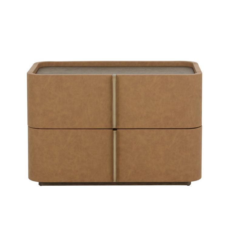 Cream Faux Leather 2-Drawer Nightstand with Oak Veneer Top
