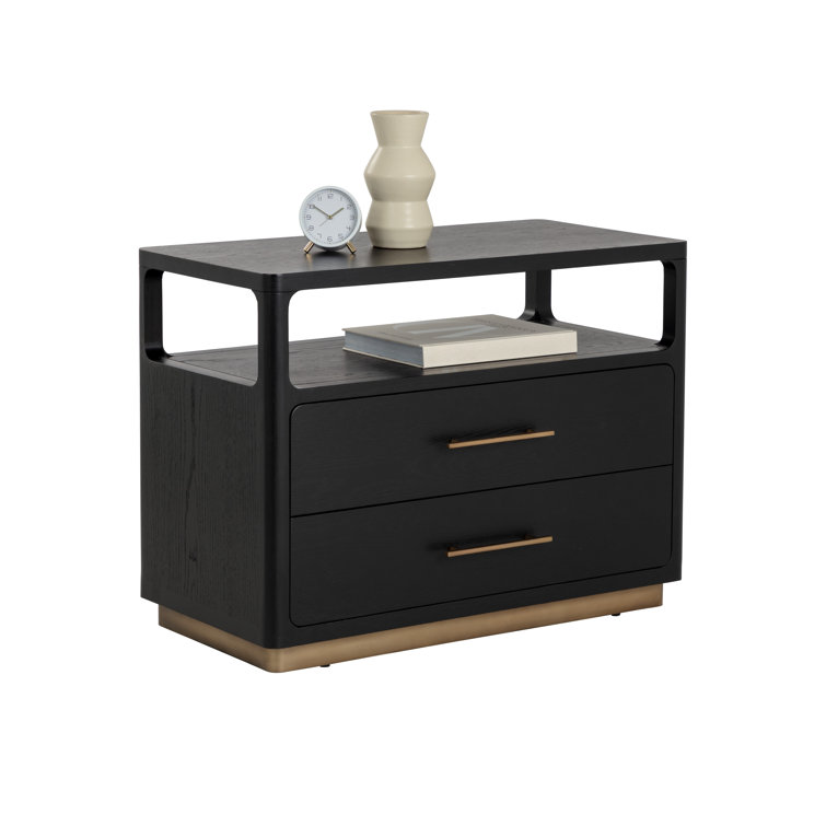 Gray Oak Veneer Nightstand with Brass Hardware