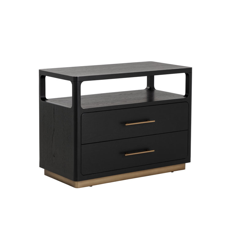Gray Oak Veneer Nightstand with Brass Hardware