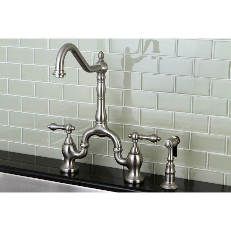 Victorian Brushed Nickel Bridge Kitchen Faucet with Brass Sprayer