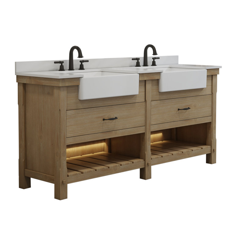 Farmhouse Light Brown Engineered Wood Double Bathroom Vanity with Marble Sink