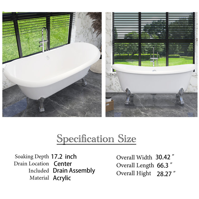 66.3'' White Acrylic Clawfoot Freestanding Soaking Bathtub