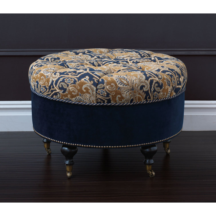 Arthur Gold and Navy Velvet Round Tufted Ottoman