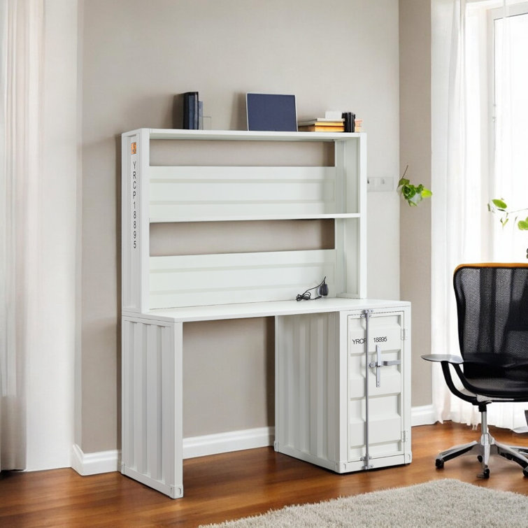 White Wood Writing Desk with Hutch and Drawer