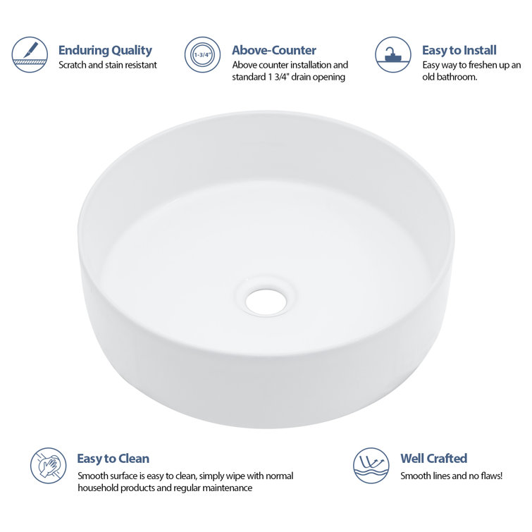 16" White Round Ceramic Vessel Bathroom Sink
