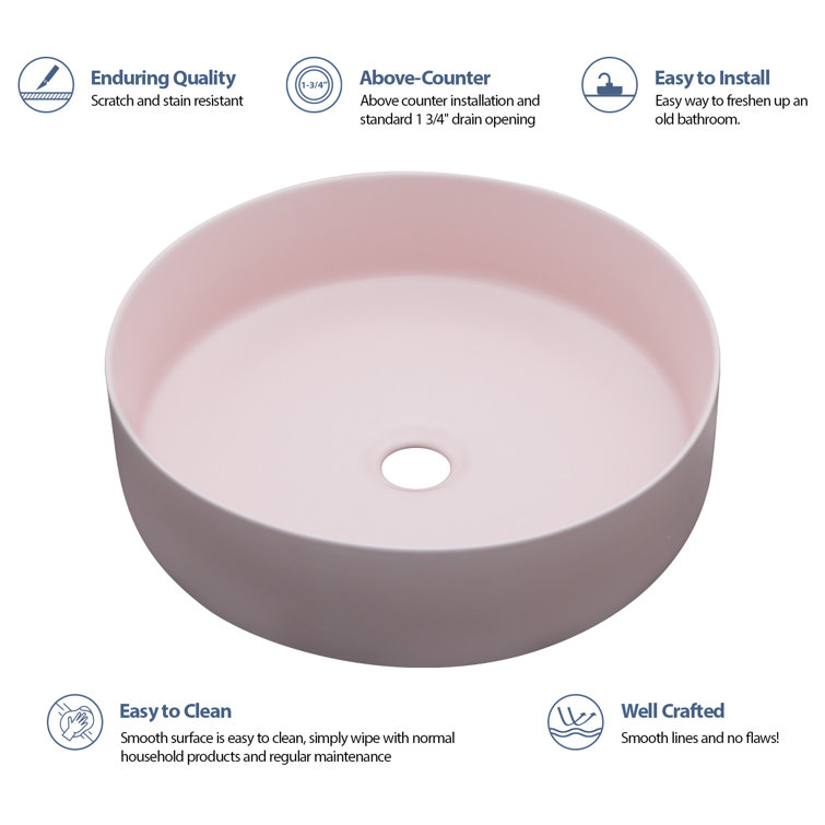 16" Pink Round Ceramic Vessel Bathroom Sink