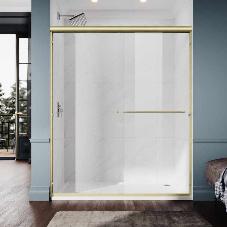 Elegant Brushed Gold Semi-Frameless Sliding Shower Door with Clear Tempered Glass