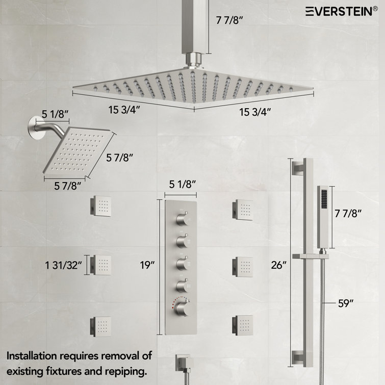 DualJetSpa 16" & 6" Brushed Nickel Dual Shower Head System with Body Jets