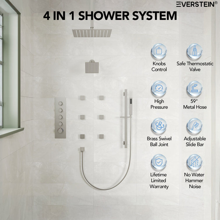DualJetSpa 16" & 6" Brushed Nickel Dual Shower Head System with Body Jets