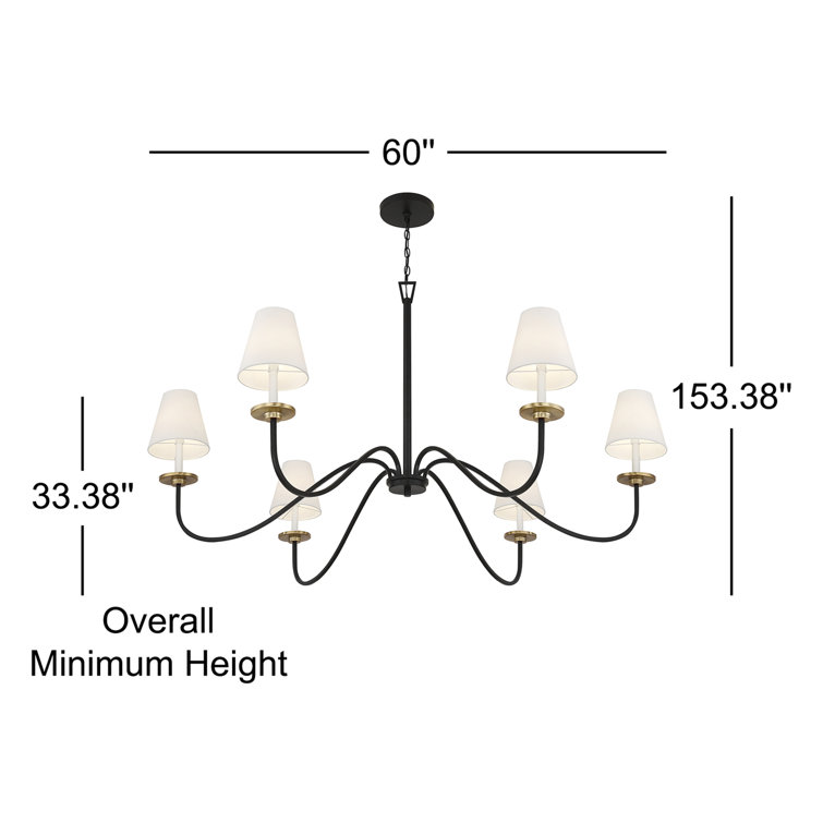 Black and Brushed Brass 6-Light Candle Chandelier with White Shades