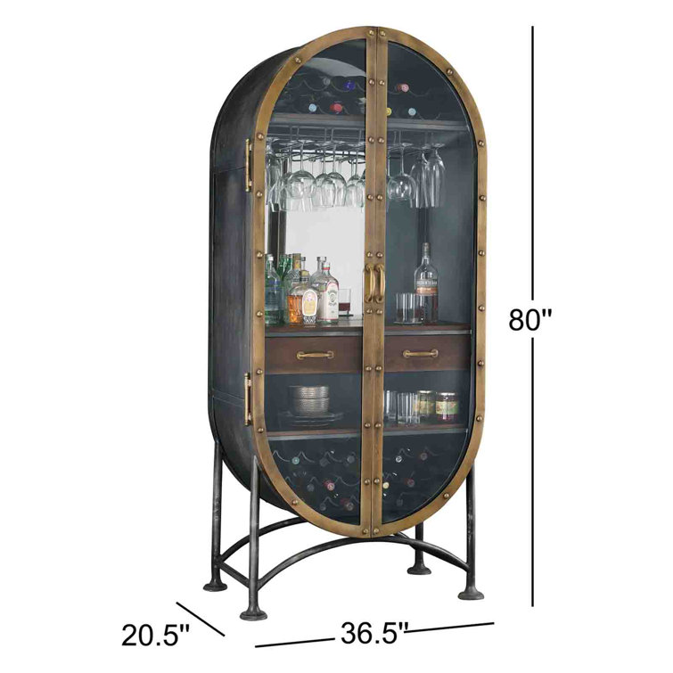 Rustic Aged Iron and Brass Oval Bar Cabinet