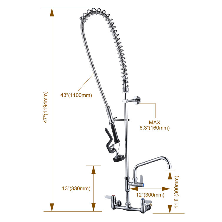 Commercial Chrome Triple Handle Wall Mount Kitchen Faucet with Pull-out Spray