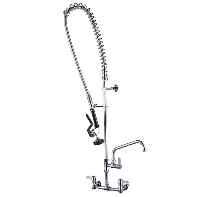 Commercial Chrome Triple Handle Wall Mount Kitchen Faucet with Pull-out Spray