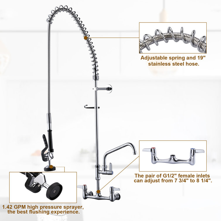 Commercial Chrome Triple Handle Wall Mount Kitchen Faucet with Pull-out Spray