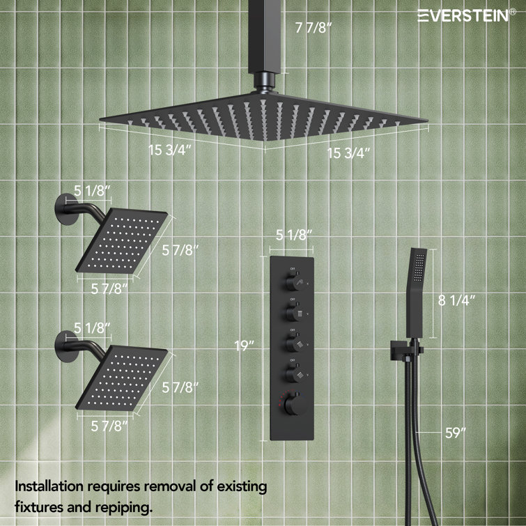 Matte Black 16" Stainless Steel Multi-Head Shower System