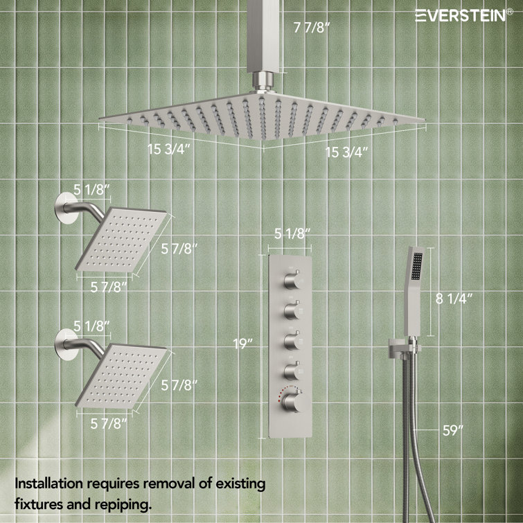 16" Brushed Nickel Thermostatic Triple Showerhead System