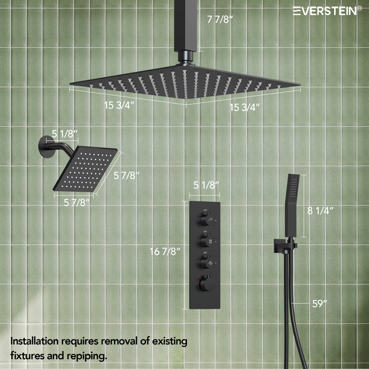 Matte Black Stainless Steel Dual Shower Head System with Thermostatic Valve