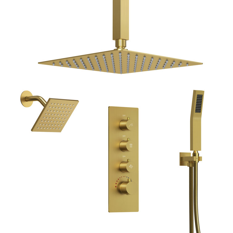 Gold Stainless Steel Dual Shower Head System with Thermostatic Valve