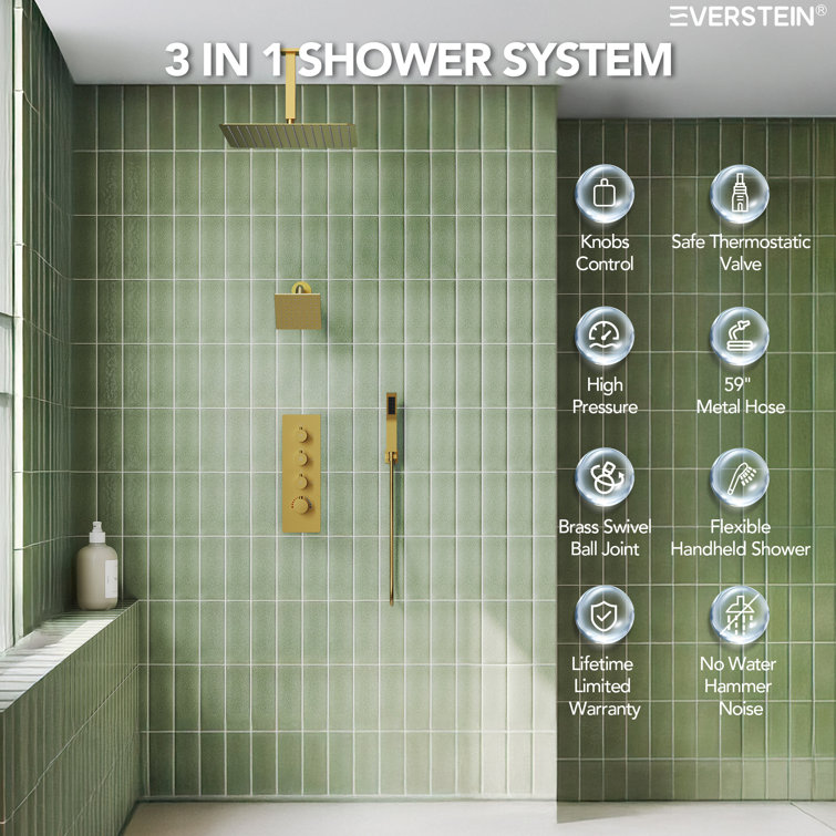 Gold Stainless Steel Dual Shower Head System with Thermostatic Valve
