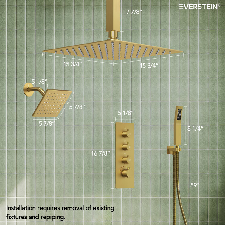 Gold Stainless Steel Dual Shower Head System with Thermostatic Valve
