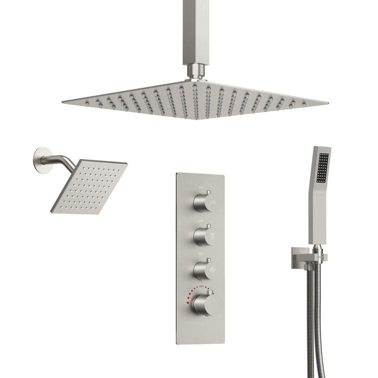 Brushed Nickel Dual Shower Head System with Thermostatic Valve