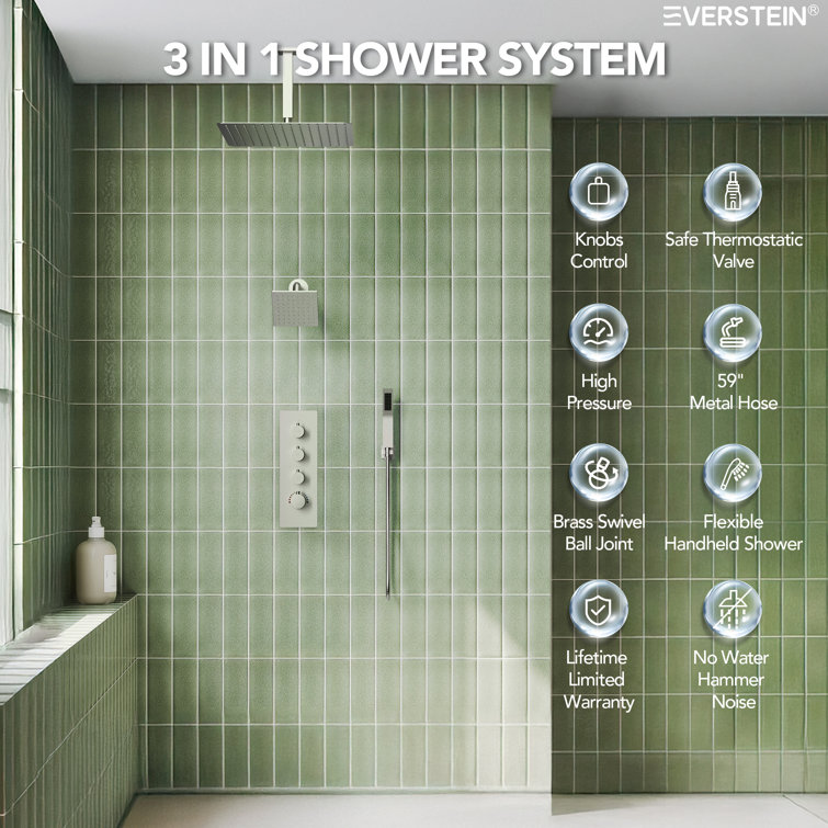 Brushed Nickel Dual Shower Head System with Thermostatic Valve