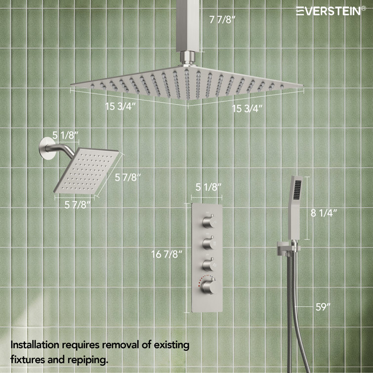 Brushed Nickel Dual Shower Head System with Thermostatic Valve
