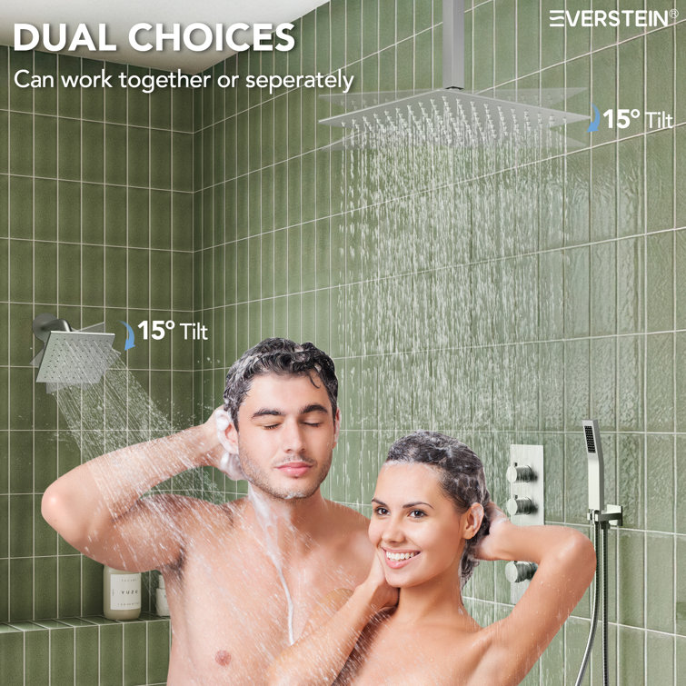 Brushed Nickel Dual Shower Head System with Thermostatic Valve
