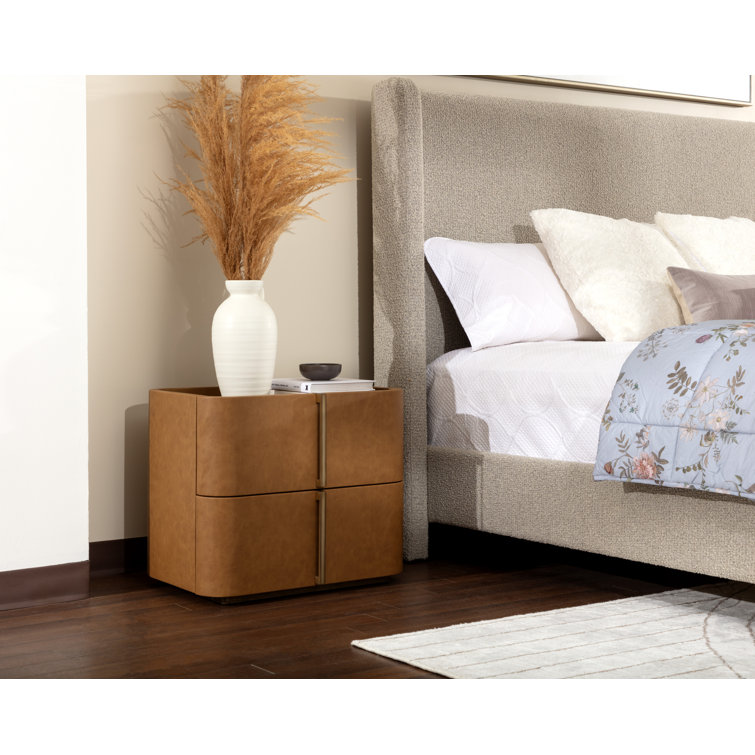 Cream Faux Leather 2-Drawer Nightstand with Oak Veneer Top