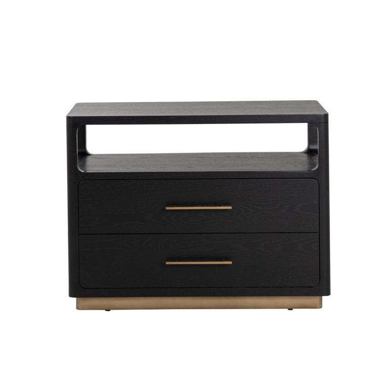 Gray Oak Veneer Nightstand with Brass Hardware