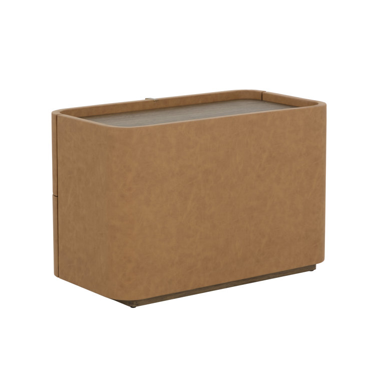 Cream Faux Leather 2-Drawer Nightstand with Oak Veneer Top